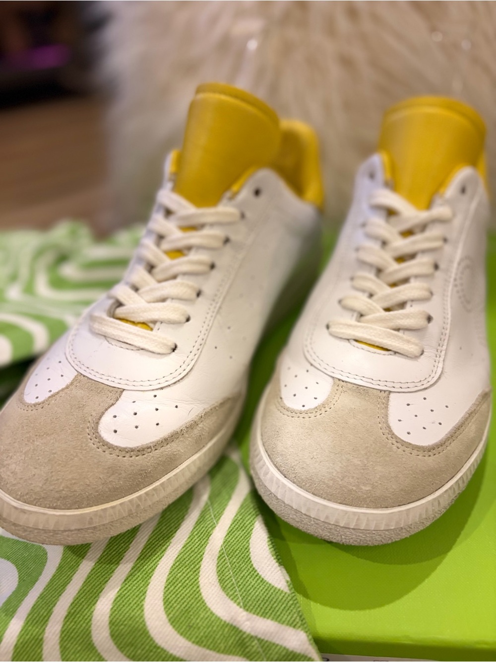 Isabel Marant White Leather Sneakers with Yellow Tongue and Lining - Picture 2 of 10